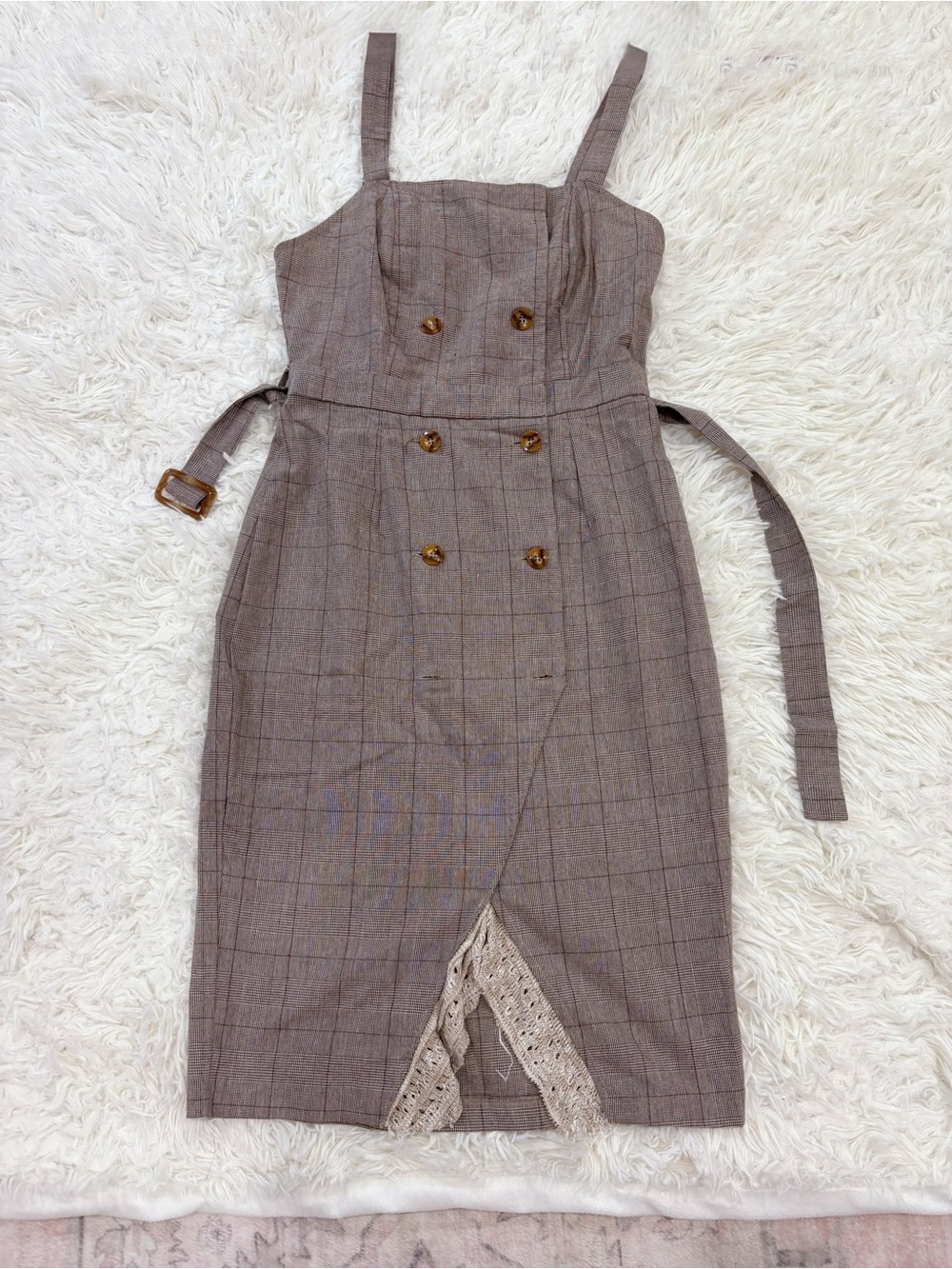 Plaid Toned Brown Button-Front Midi Dress with Lace Trim